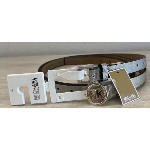 MICHAEL KORS BELT SET (2) METALLIC GOLD & Silver SKINNY MK LOGO Round BUCKLE - Picture 2 of 10